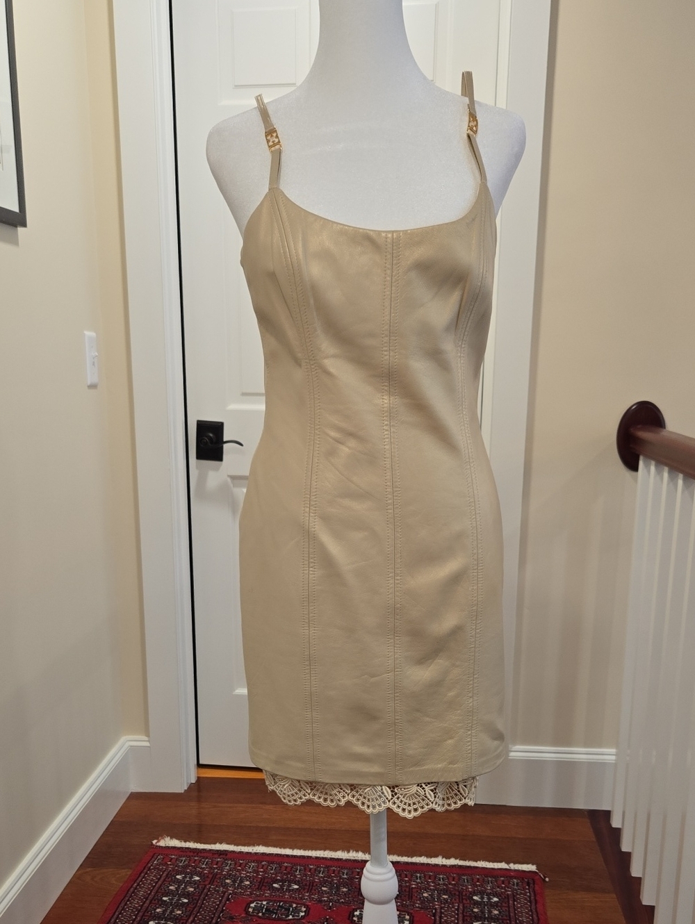 Escada Tan Leather Slip Dress with Lace Hem
